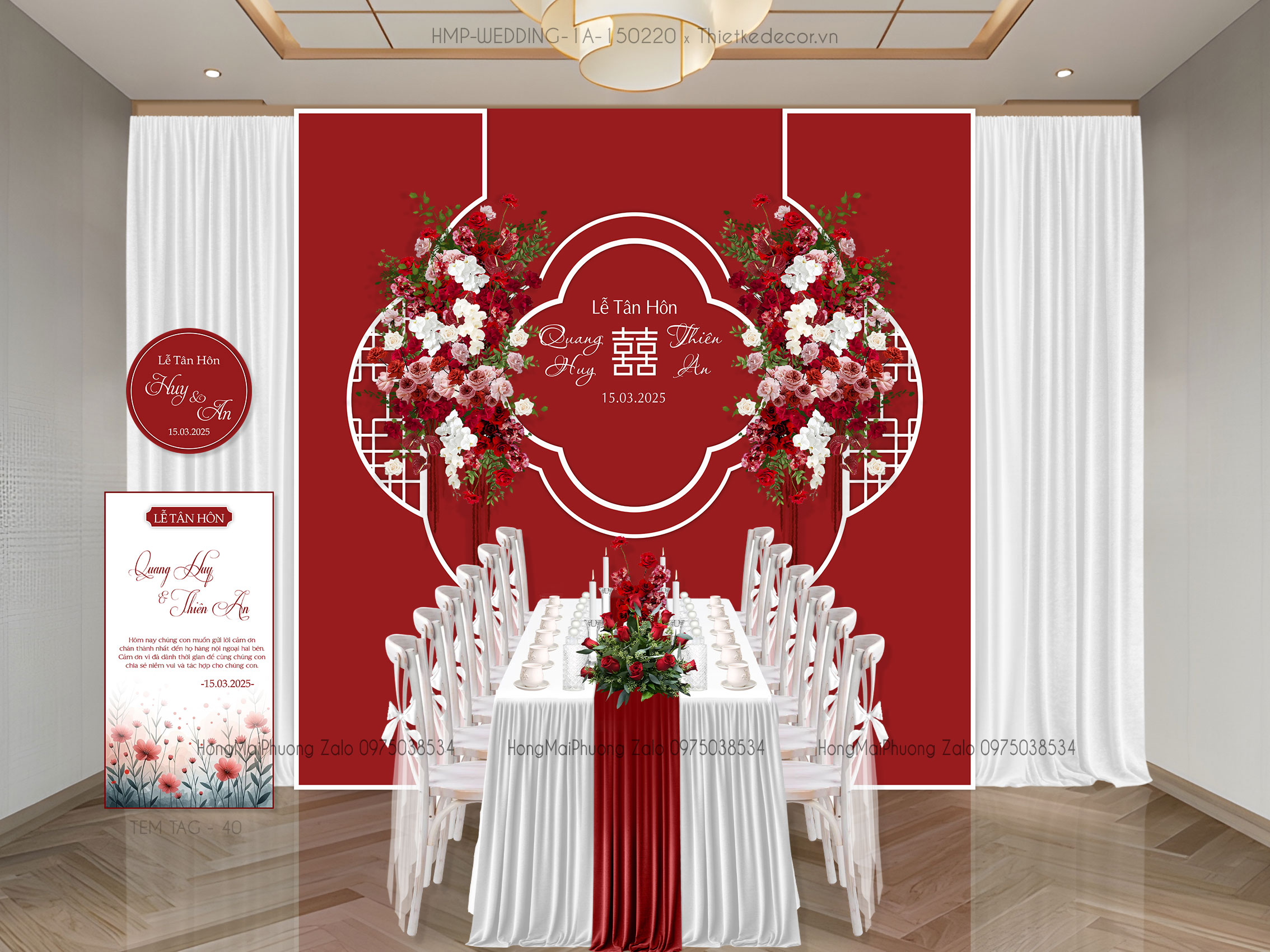 Gia tiên tone đỏ kèm tag bàn và tem nước